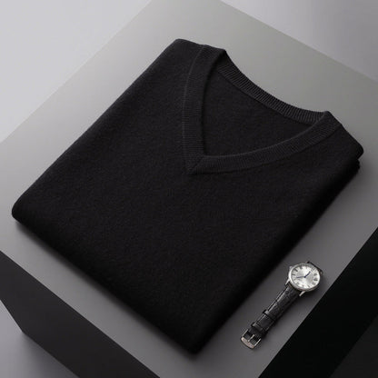Men's slim fit V-neck wool blend sweater in neutral tone, soft knit perfect for layering