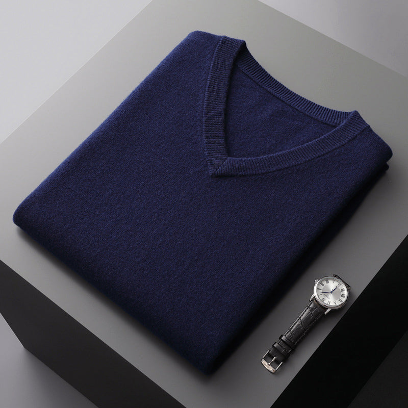 Men's slim fit V-neck wool blend sweater in neutral tone, knit layering piece for smart-casual wear