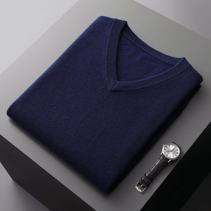 Men's slim fit V-neck wool blend sweater in neutral tone, knit layering piece for smart-casual wear