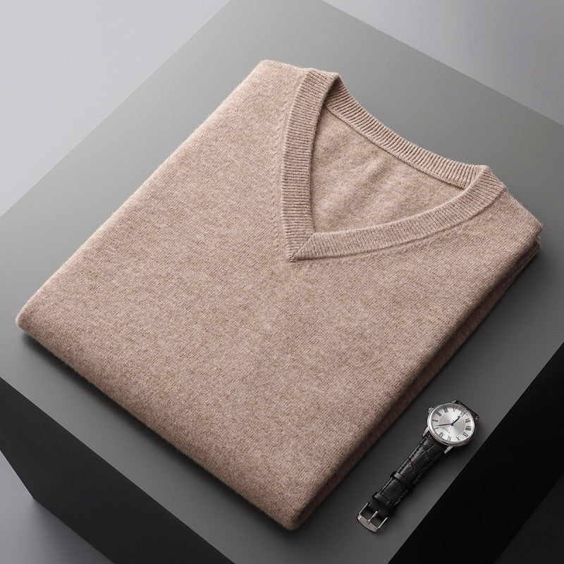 Men's slim fit V-neck wool blend sweater in neutral tone, knit layering piece for smart-casual wear