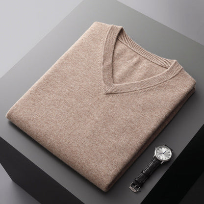 Men's slim fit V-neck wool blend sweater in neutral tone, knit layering piece for smart-casual wear