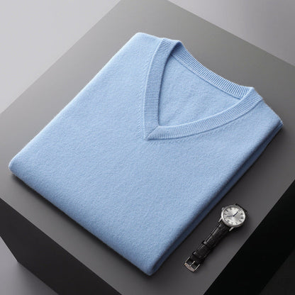 Men's slim fit V-neck wool blend sweater in neutral tone, knit texture, perfect for smart-casual layering