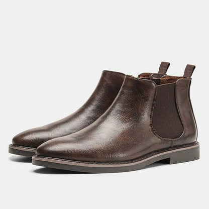 Men's brown leather Chelsea boots structured silhouette versatile work everyday wear smooth finish