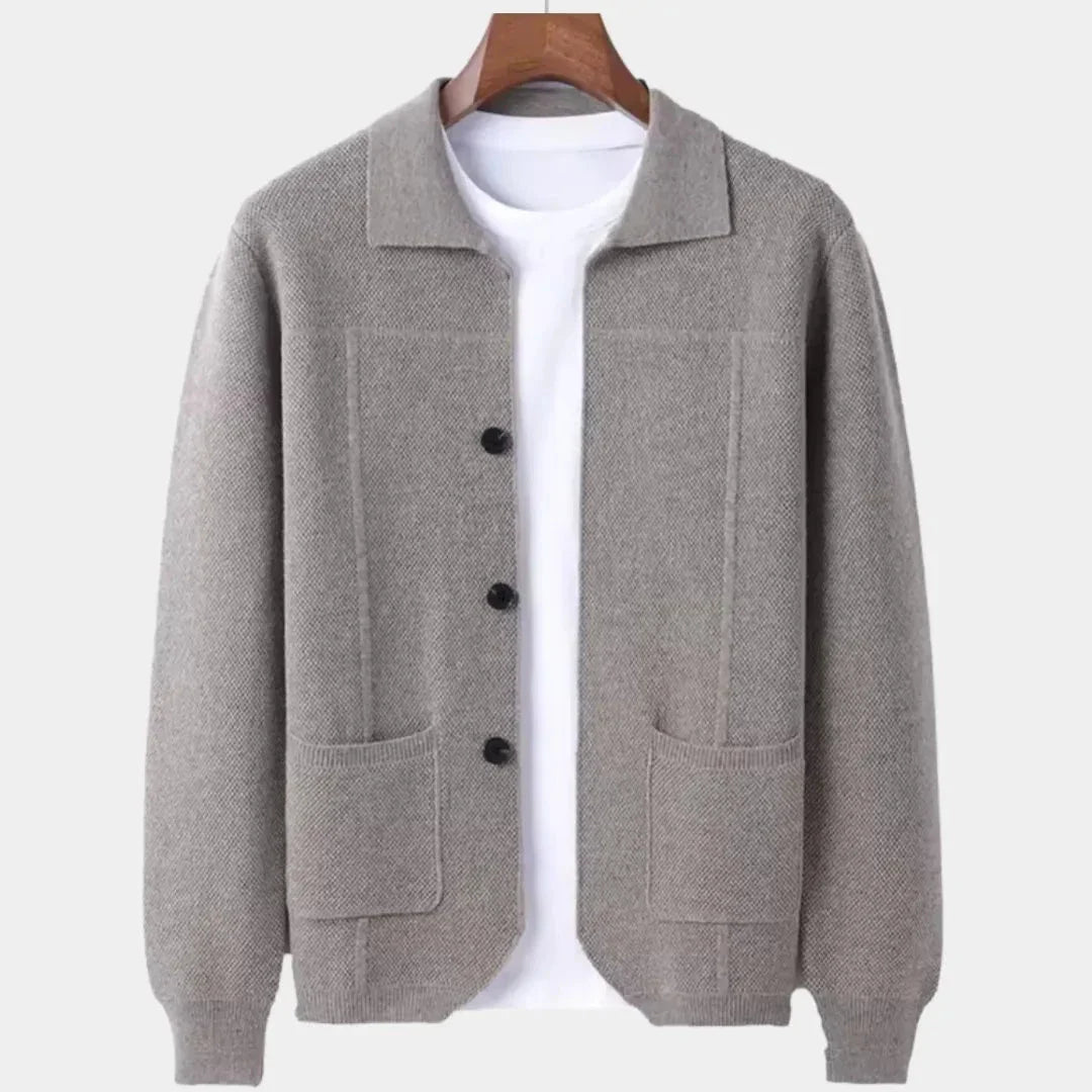 Men's wool blend button-up overshirt cardigan with structured knit finish, ideal for clean elevated layering