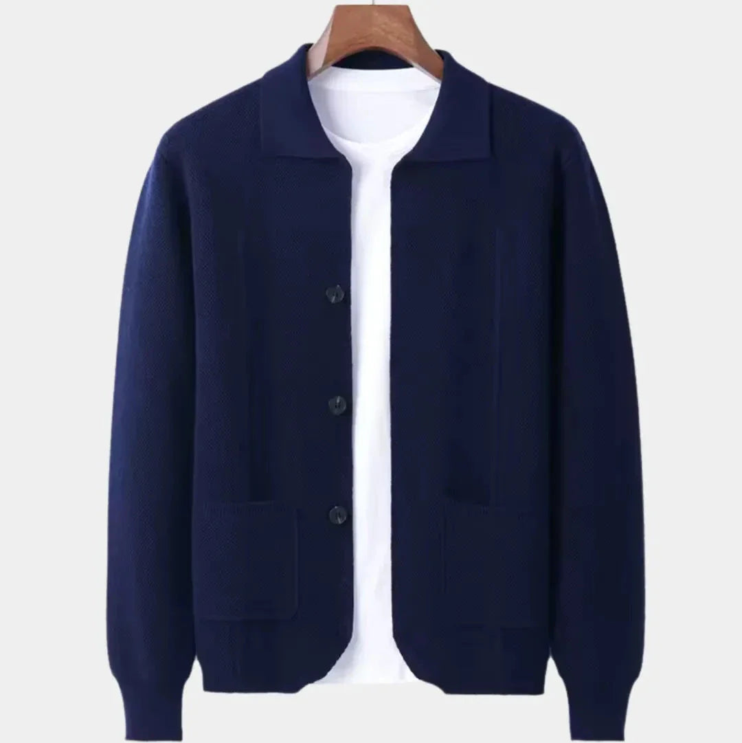 Men's wool blend button-up overshirt cardigan with structured knit finish, perfect for elevated layering