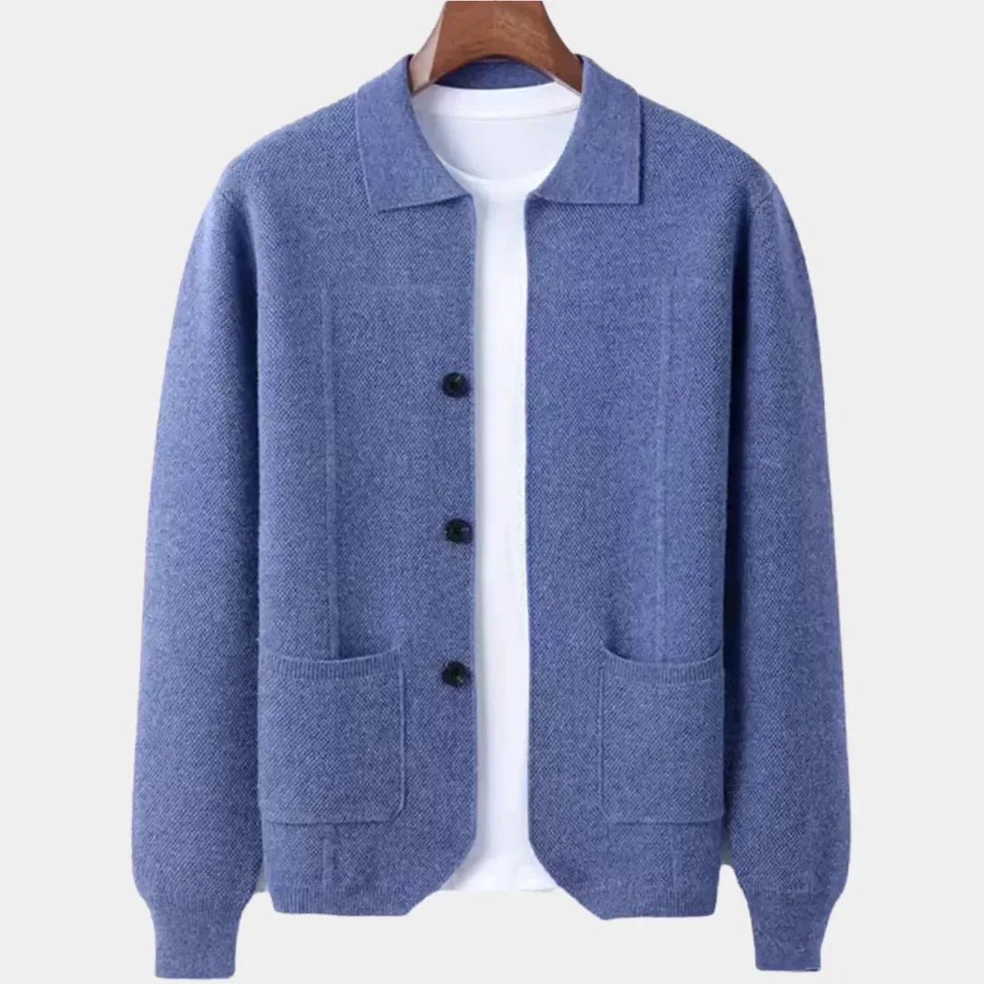 Men's wool blend button-up overshirt cardigan with structured knit finish, ideal for clean layered styling