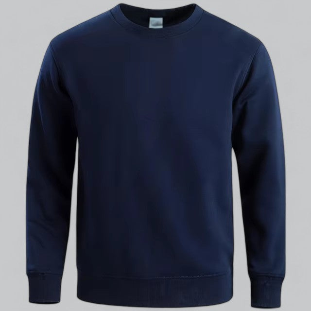Men's navy blue crewneck knit sweater long sleeve classic fit versatile layering top by Wavlynn