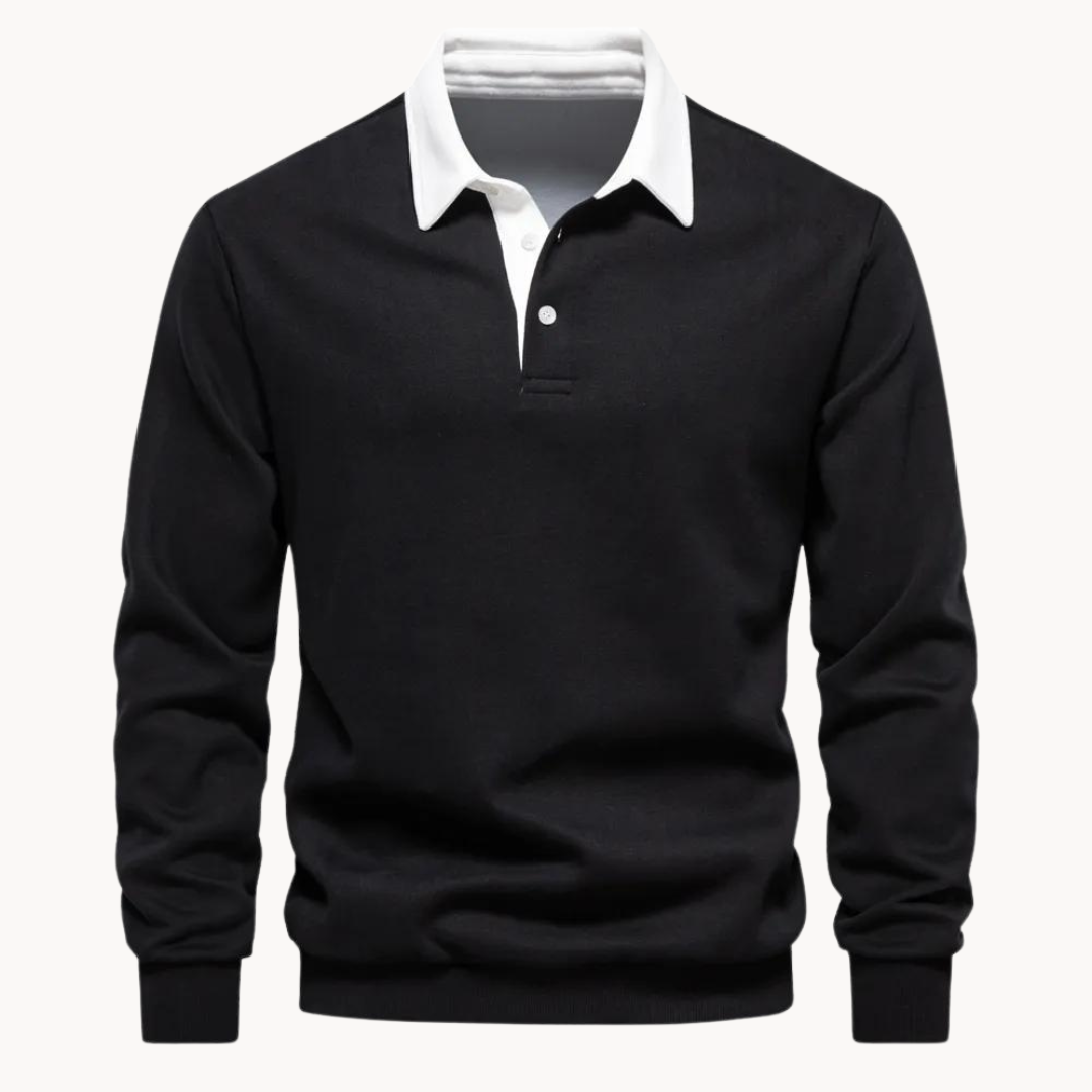 Men's charcoal heather knit polo sweater with classic collar, buttoned placket, and long sleeves