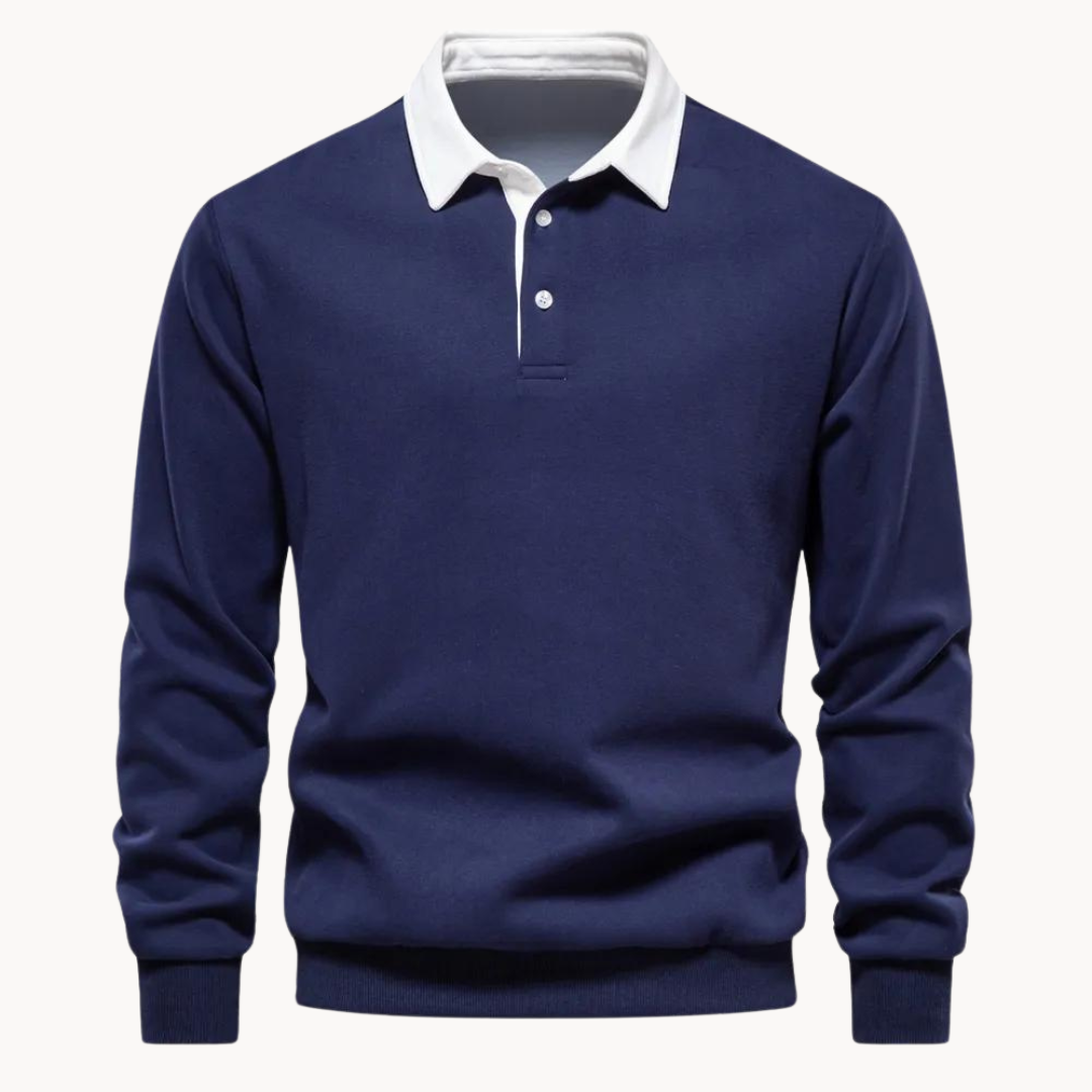 Men's charcoal heather knit polo sweater with buttoned placket collar and long sleeves for winter