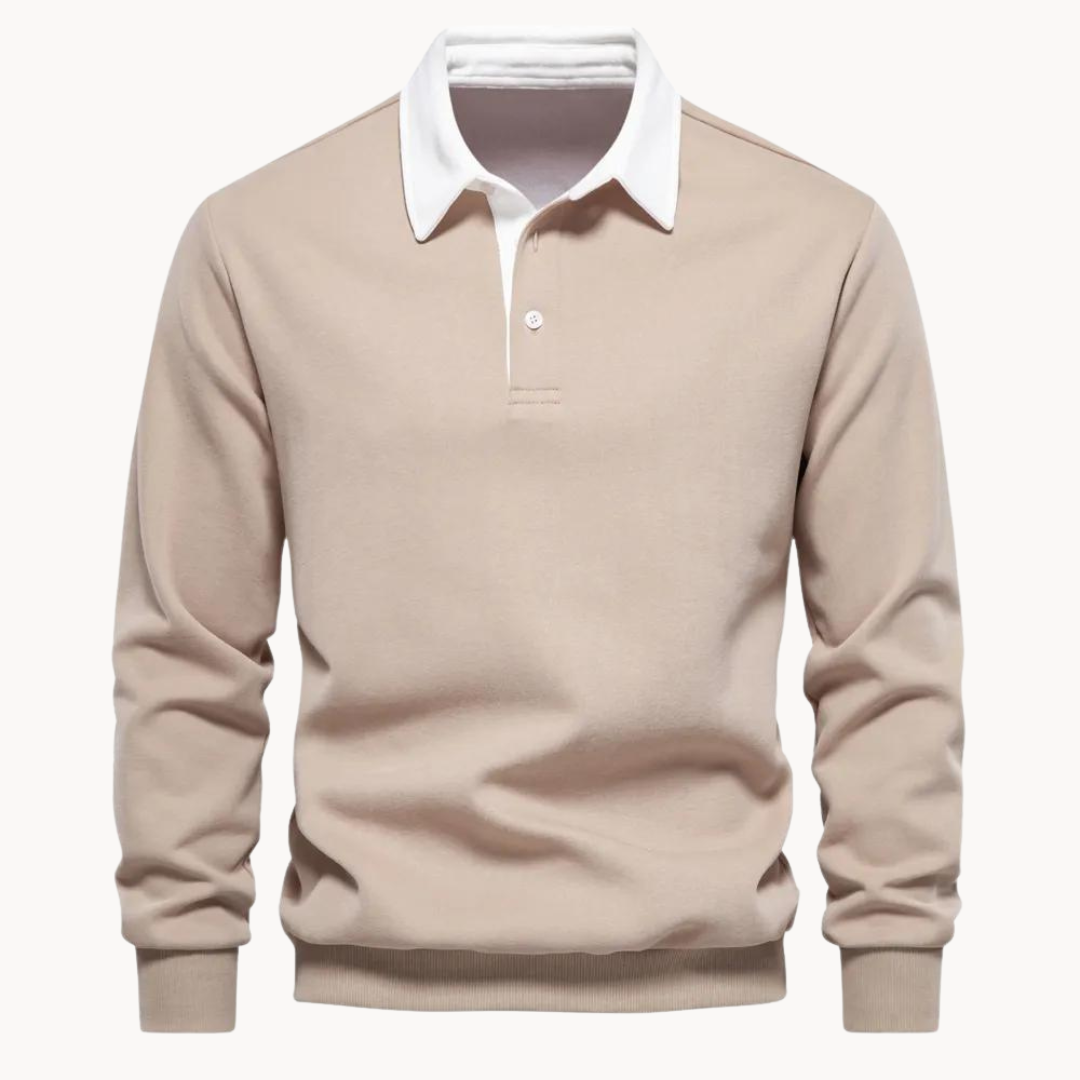 Men's charcoal heather knit polo sweater with buttoned placket collar and long sleeves
