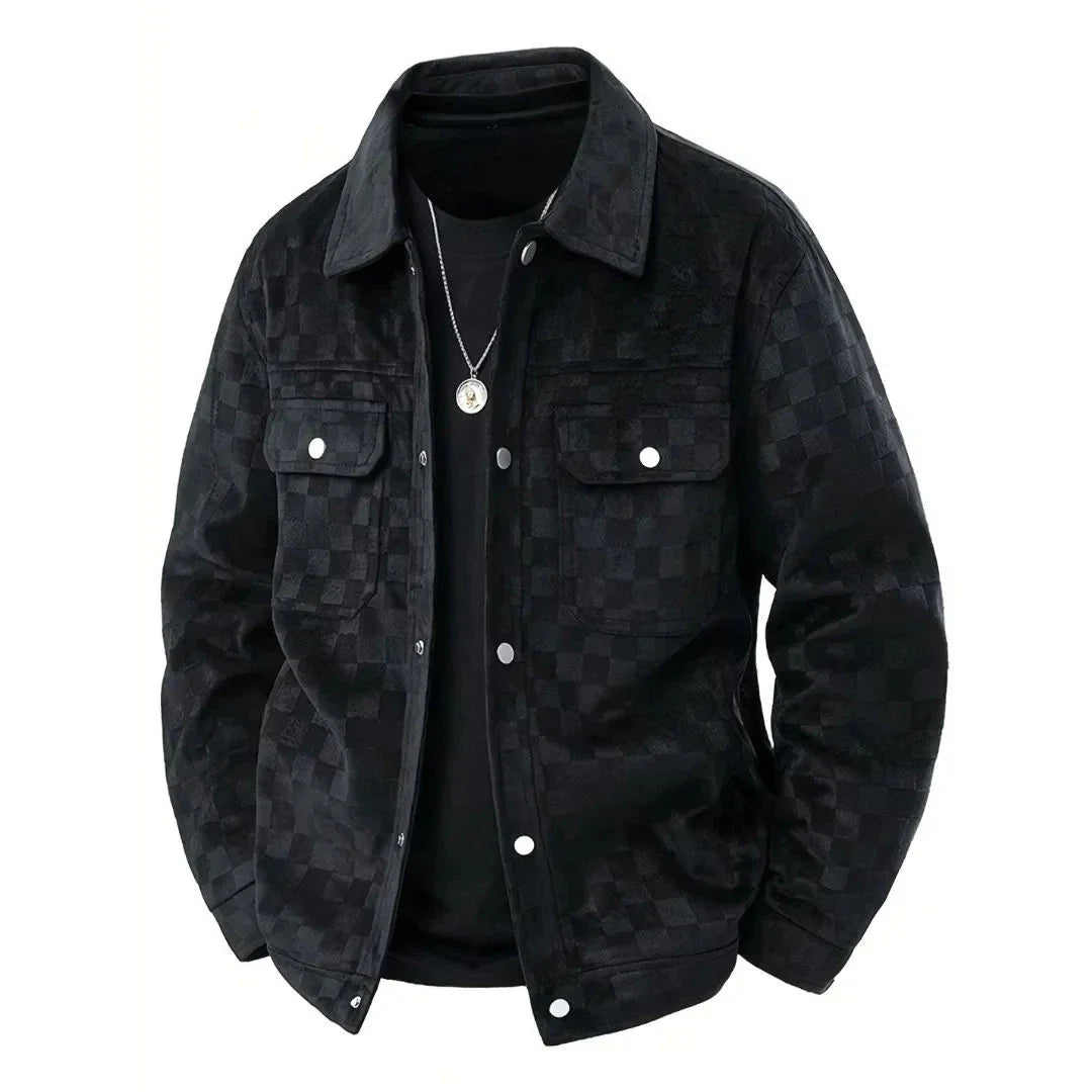 Men's black checkerboard velour suede jacket modern silhouette with satin lining and dual chest pockets