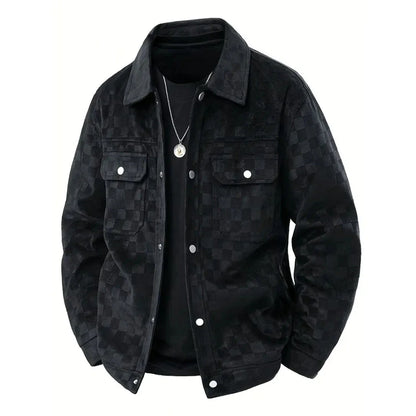Men's black checkerboard velour suede jacket modern silhouette with satin lining and dual chest pockets