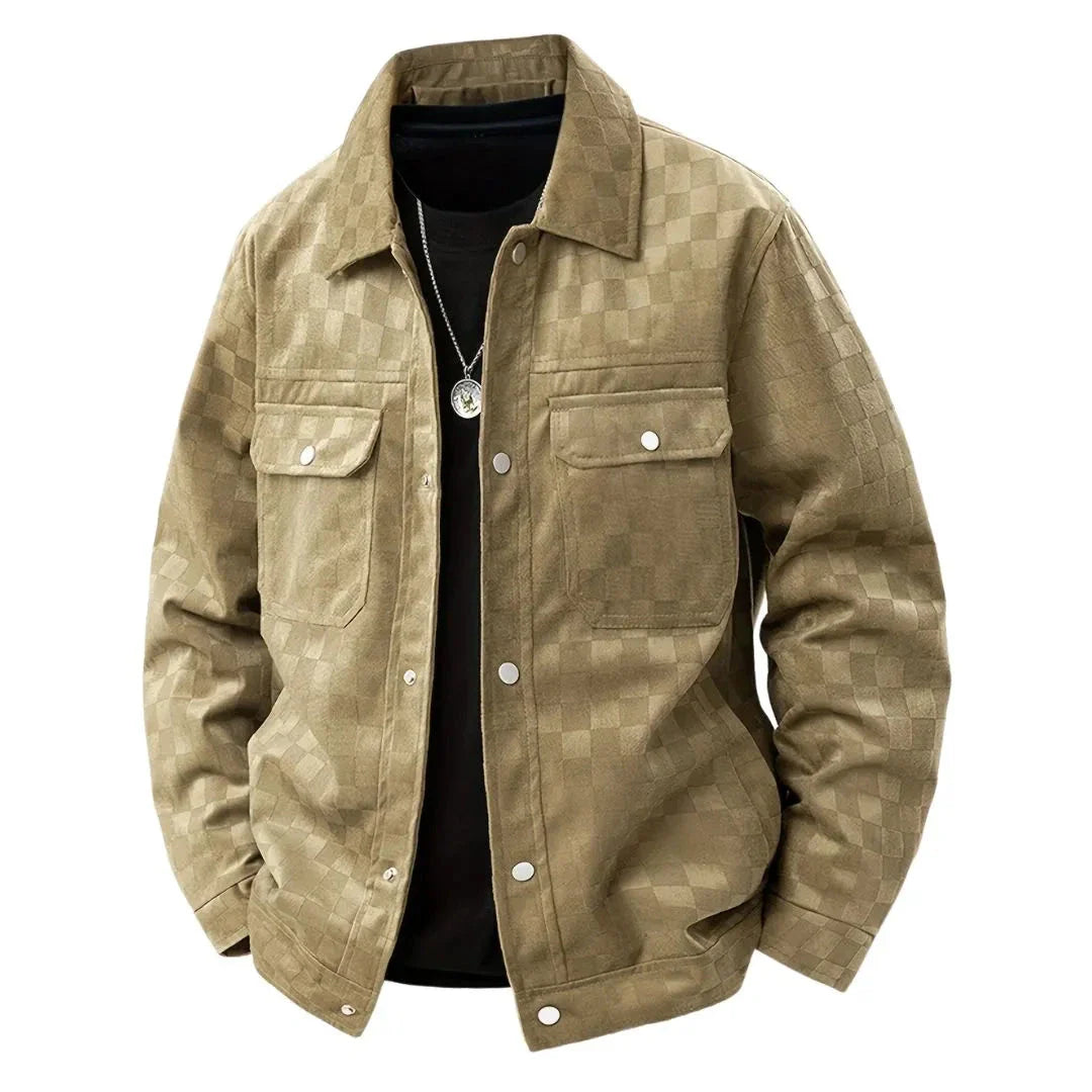 Men's checkerboard velour suede jacket with satin lining, modern slim silhouette and dual chest pockets