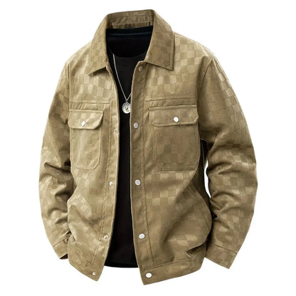 Men's checkerboard velour suede jacket with satin lining, modern slim silhouette and dual chest pockets