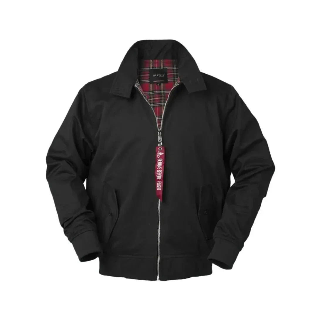 Men's navy Harrington jacket tailored shoulders, tartan lining, ribbed cuffs, classic British bomber style