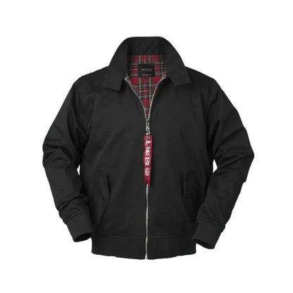 Men's navy Harrington jacket tailored shoulders, tartan lining, ribbed cuffs, classic British bomber style
