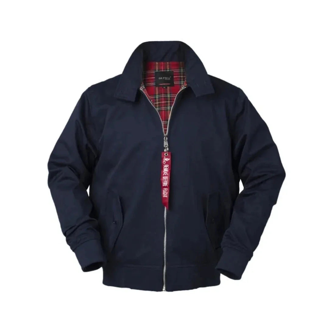 Men's navy Harrington jacket tailored shoulders ribbed cuffs signature tartan lining classic British style