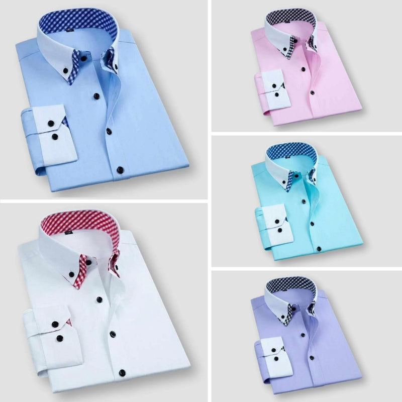 Men's dress shirt white contrast collar cuffs hidden bold checkered lining slim formal style