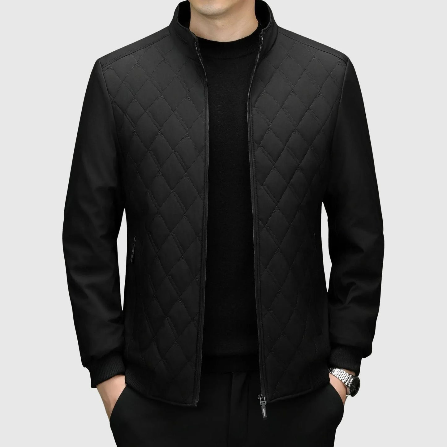 Men's black diamond quilted bomber jacket with ribbed cuffs and full zip modern slim fit