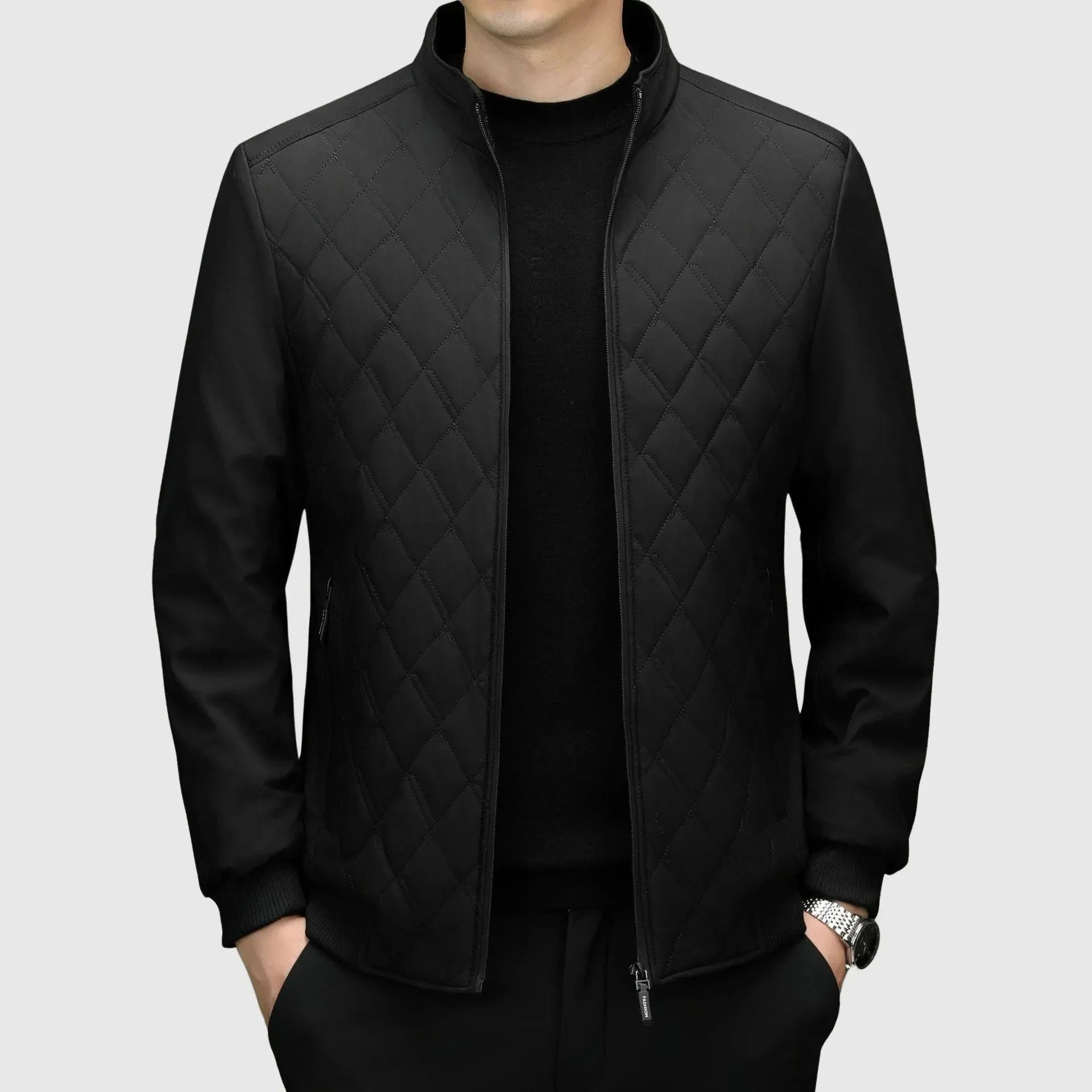 Men's black diamond quilted bomber jacket with ribbed cuffs and full zip modern slim fit
