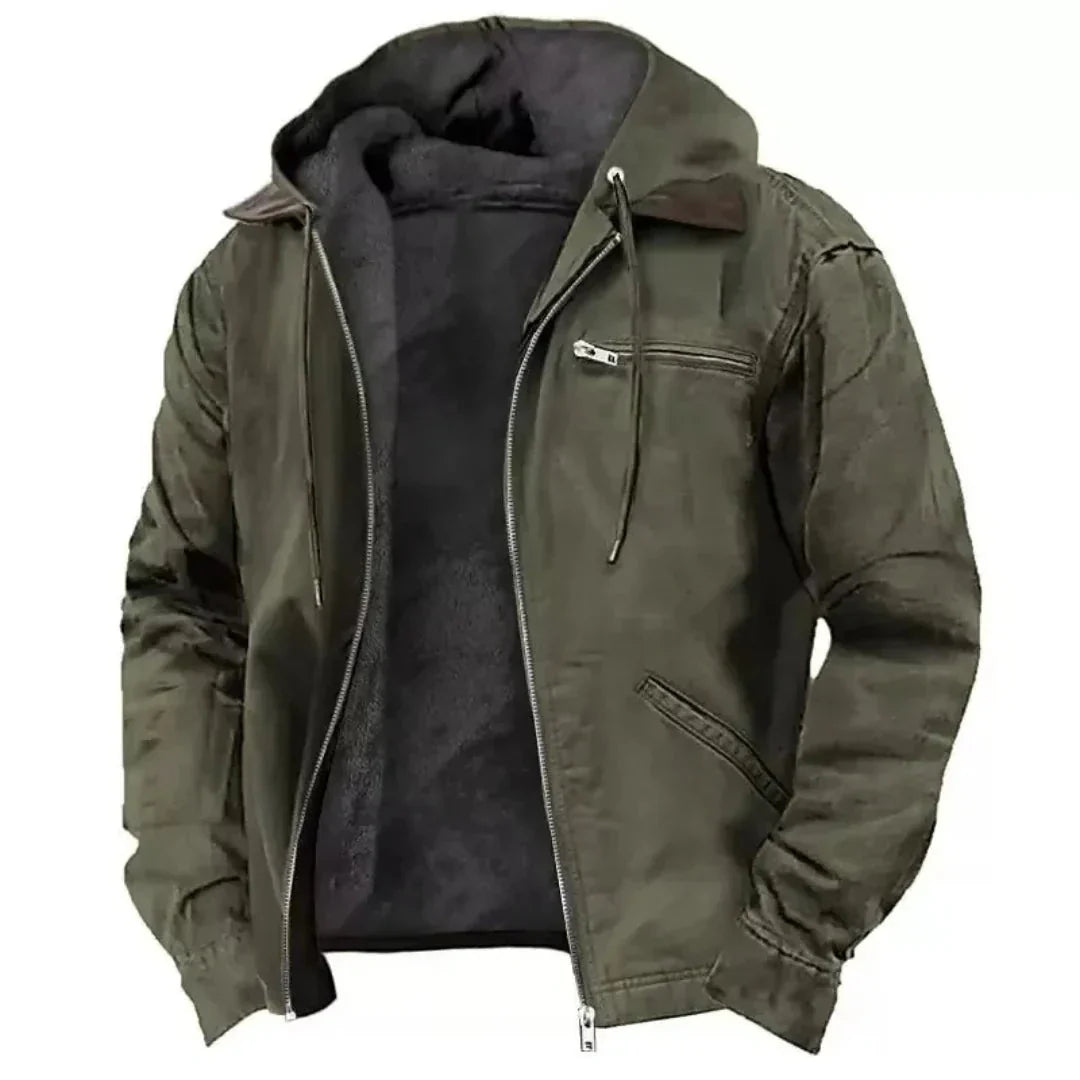 Men's navy fleece-lined hooded jacket full-zip cotton blend shell drawstring hood warm winter coat