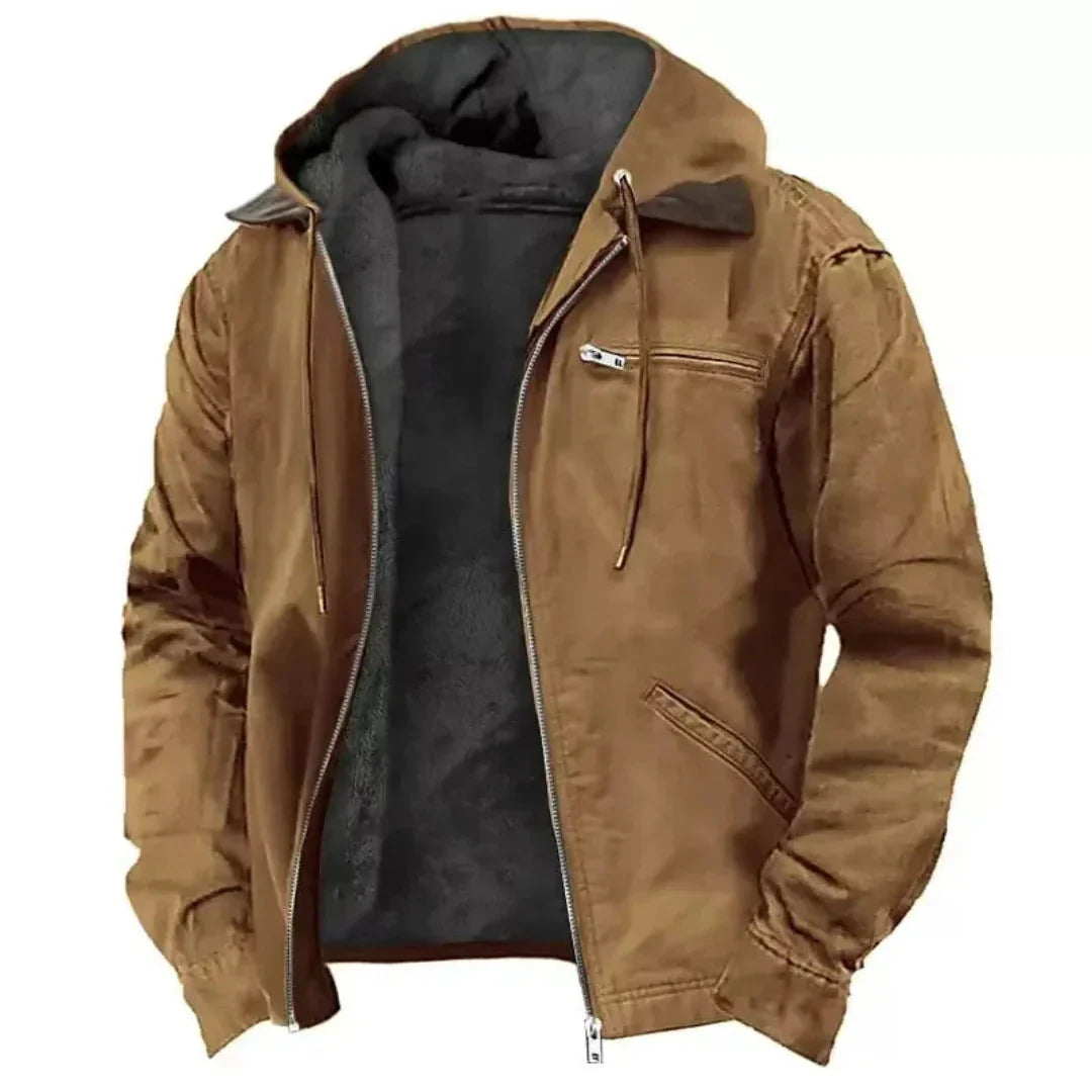 Men's navy fleece-lined hooded jacket full-zip cotton blend shell with drawstring hood