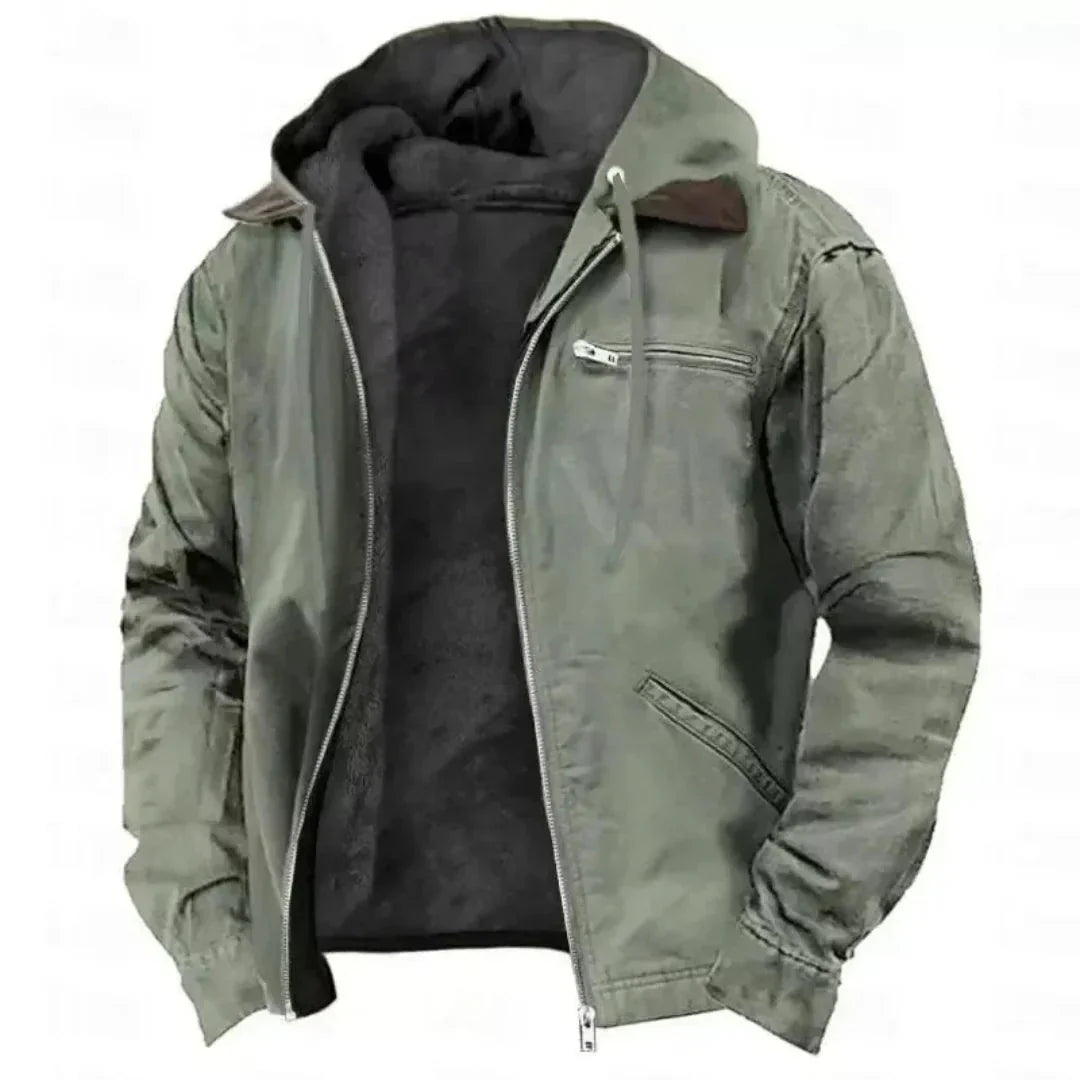 Men's navy fleece-lined hooded jacket full-zip cotton blend shell drawstring hood cold weather