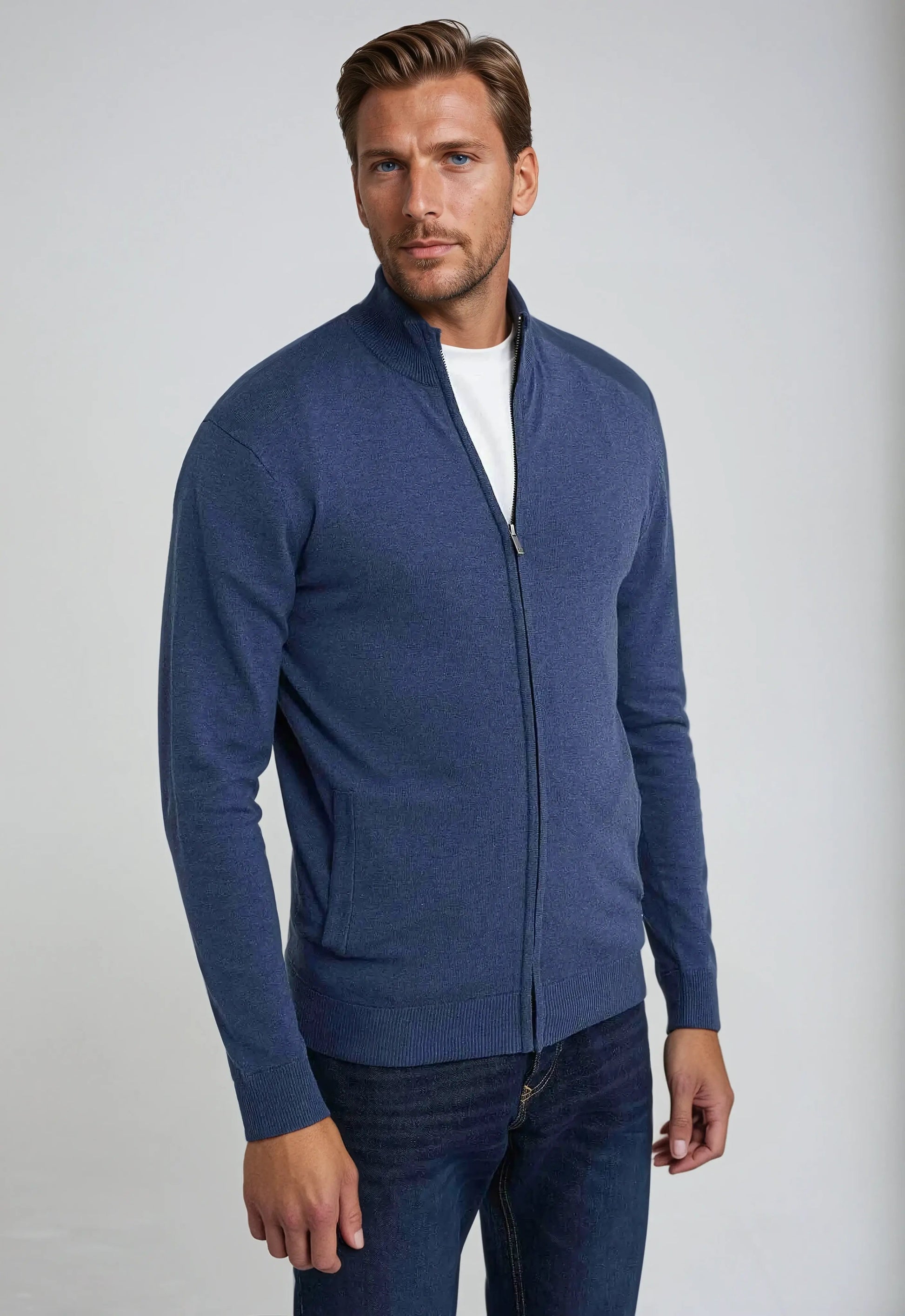 Men's navy knit full zip high neck sweater with sleek collar for versatile everyday layering