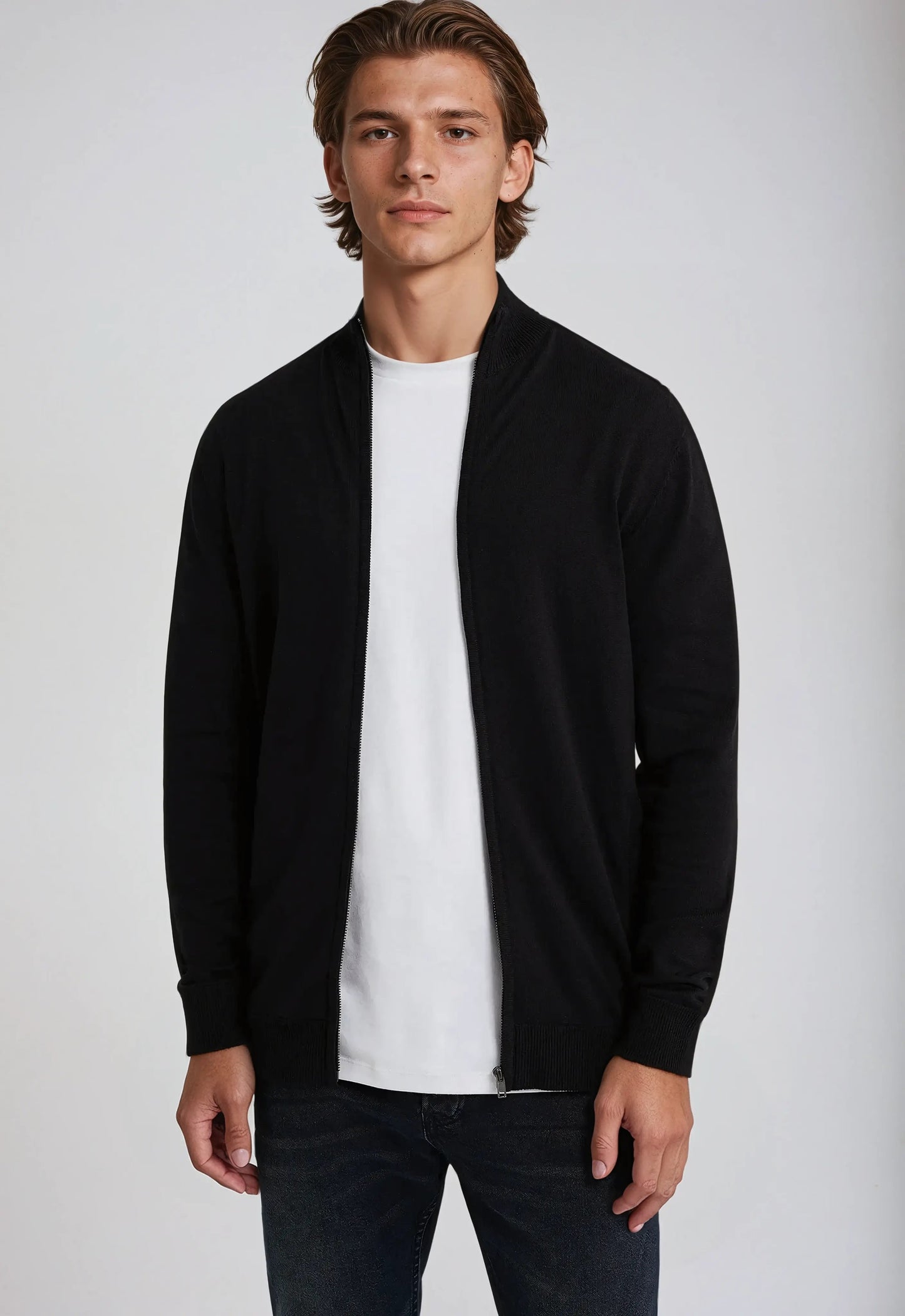 Men's navy full zip high neck knit sweater cardigan with sleek collar for versatile layering