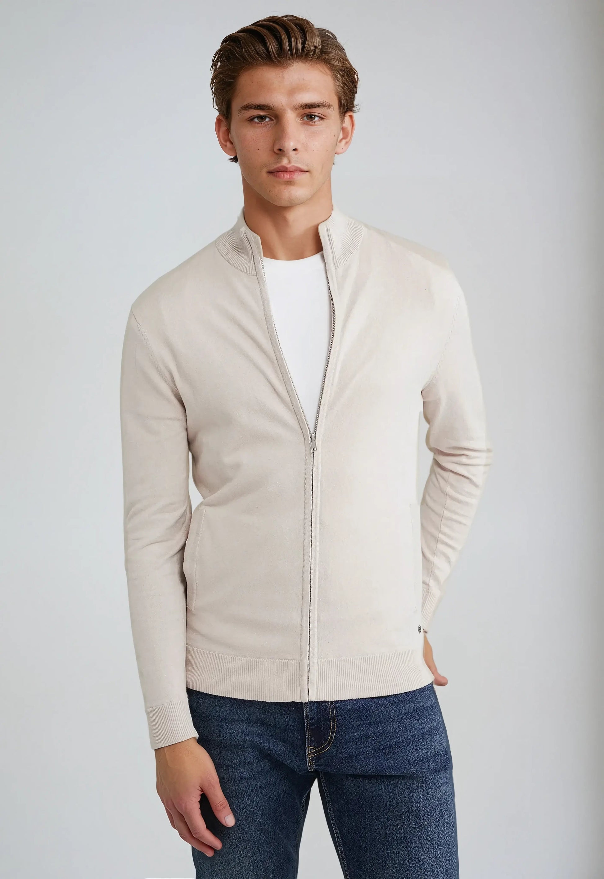 Navy full zip high neck men's knit cardigan sweater slim silhouette for everyday layering
