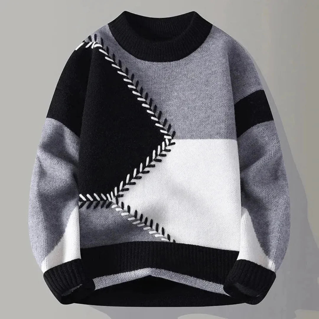 Men's geometric color block knit pullover with contrast whipstitch detailing, warm casual sweater