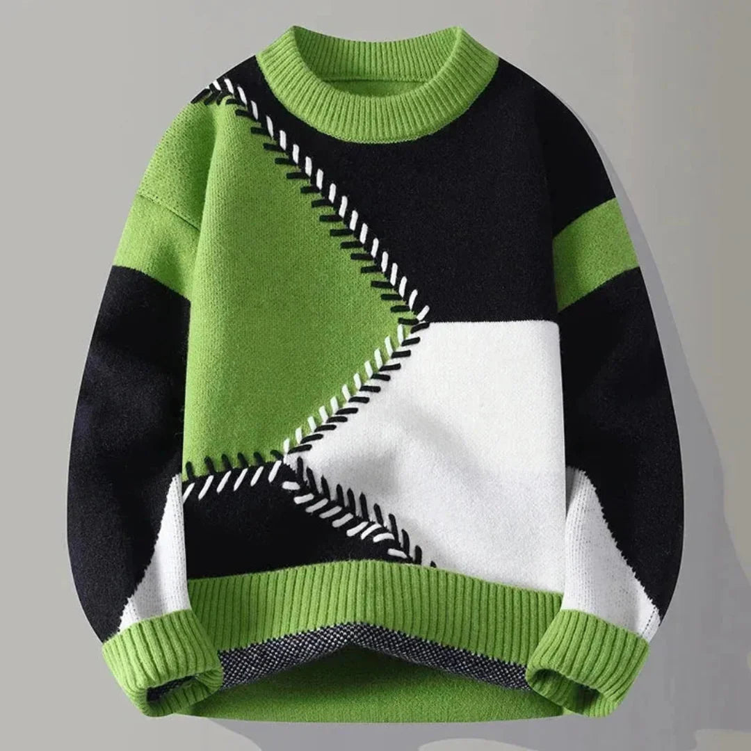 Men's geometric color block knit pullover sweater with contrast whipstitch detailing in warm casual style