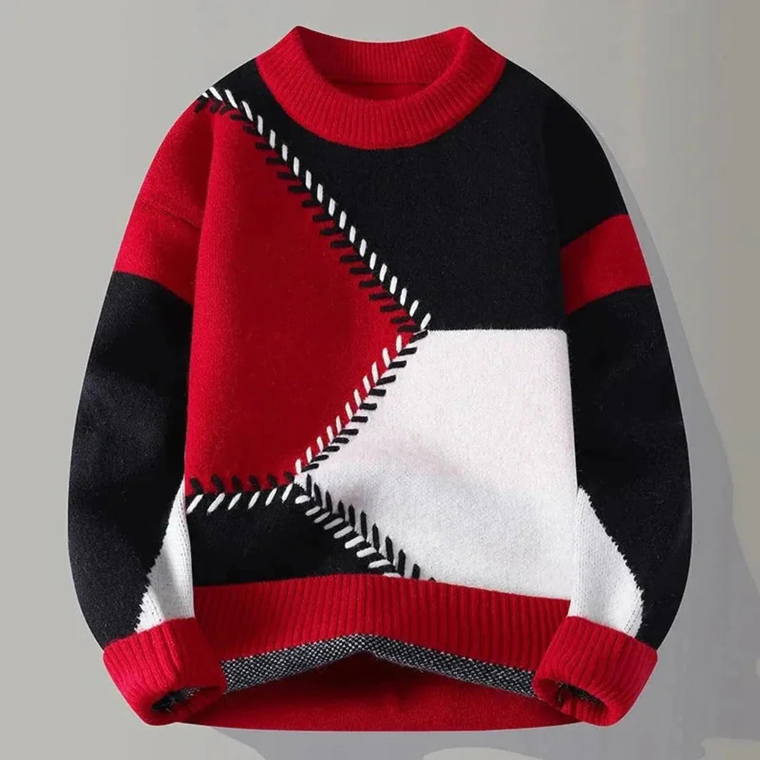 Men's geometric color block knit pullover sweater with contrast whipstitch detailing, bold panels
