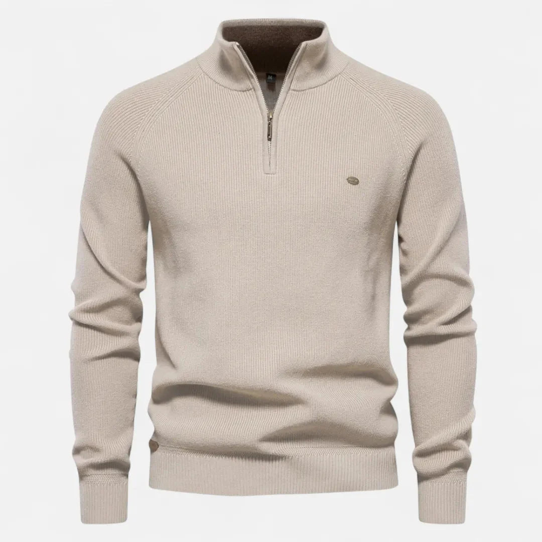 Men's half-zip cotton knit sweater stand collar ribbed texture everyday essential tailored fit