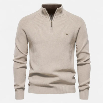 Men's half-zip cotton knit sweater stand collar ribbed texture everyday essential tailored fit
