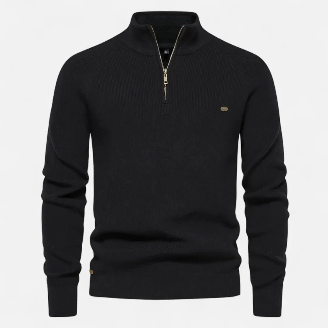 Men's half zip cotton knit sweater stand collar ribbed texture everyday essential casual pullover