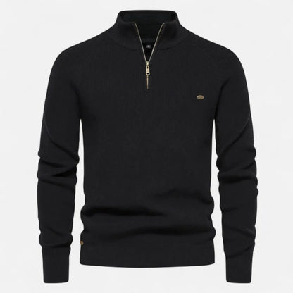 Men's half zip cotton knit sweater stand collar ribbed texture everyday essential casual pullover