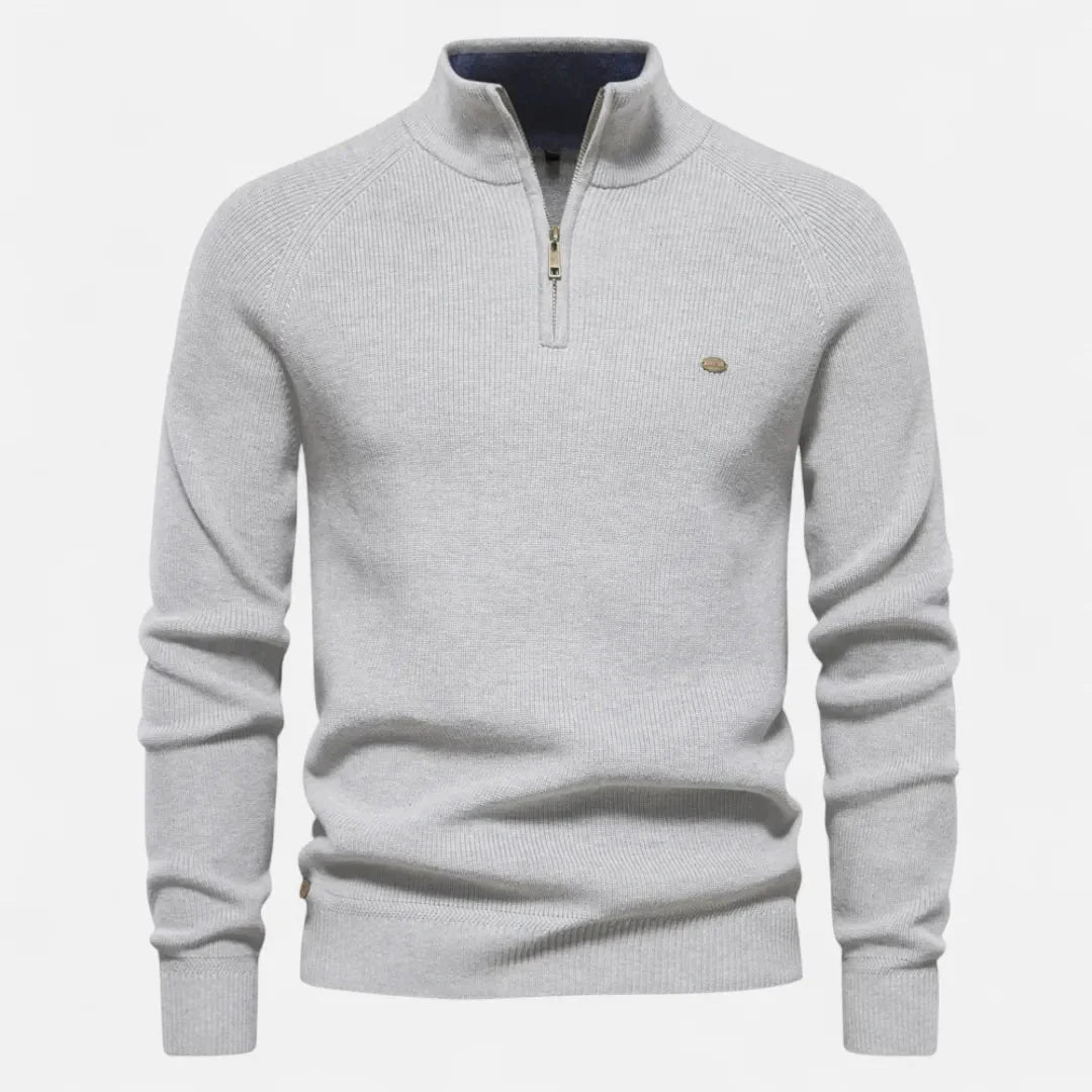 Men's half-zip cotton knit sweater stand collar ribbed texture everyday essential neutral tones
