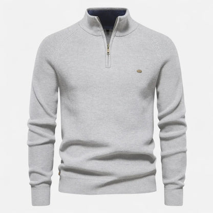 Men's half-zip cotton knit sweater stand collar ribbed texture everyday essential neutral tones