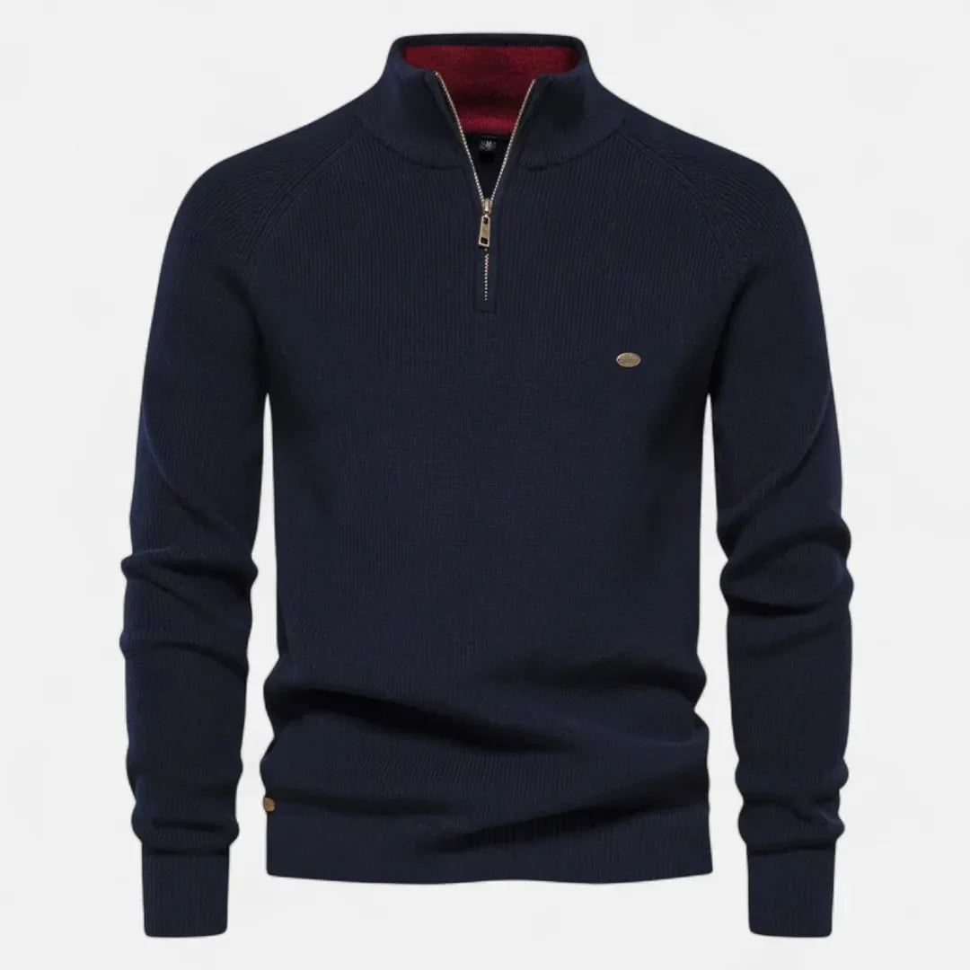 Men's navy half-zip cotton knit sweater stand collar ribbed texture everyday essential