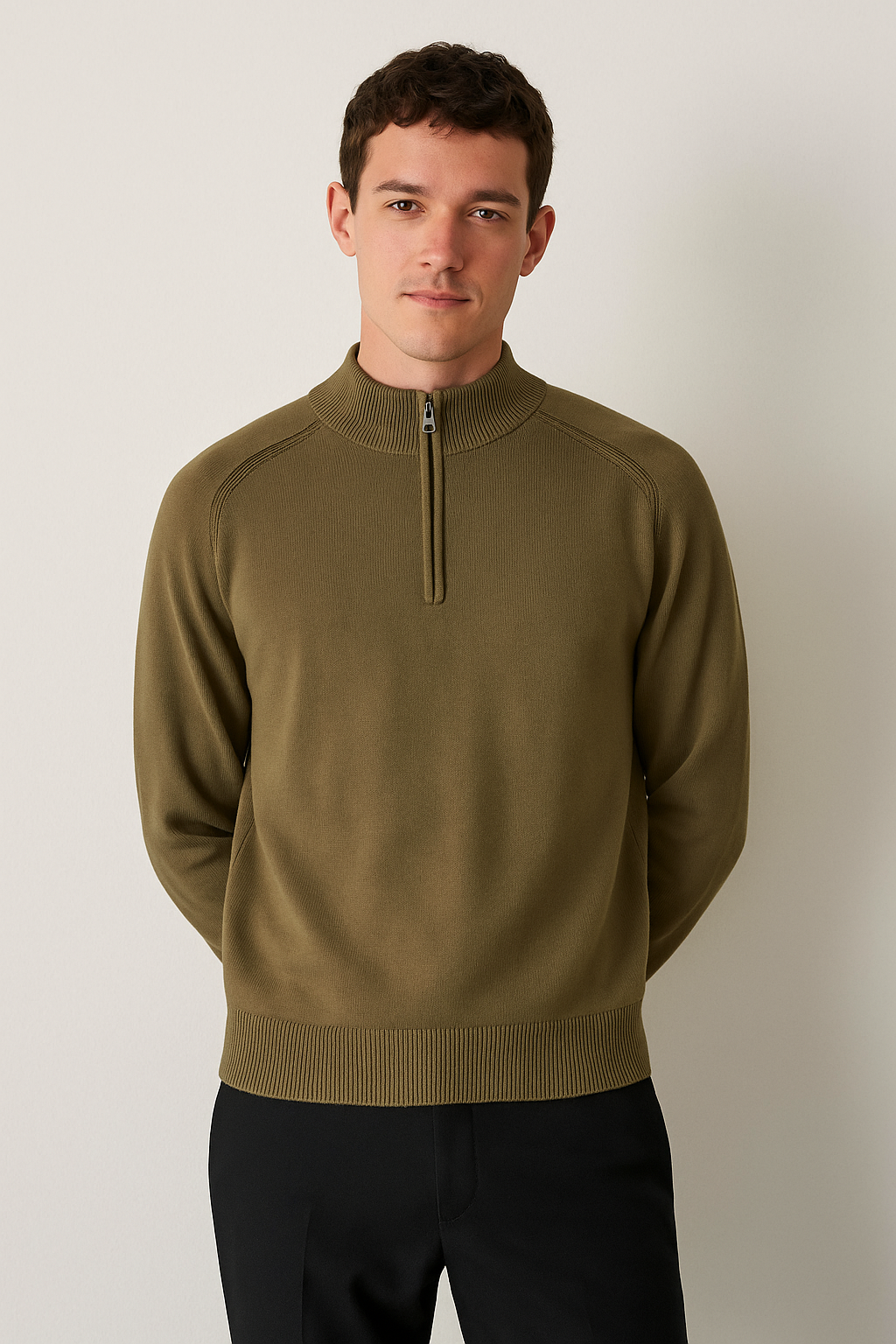 Men's wool blend half zip sweatshirt regular fit with ribbed hem cuffs in neutral Nordic style