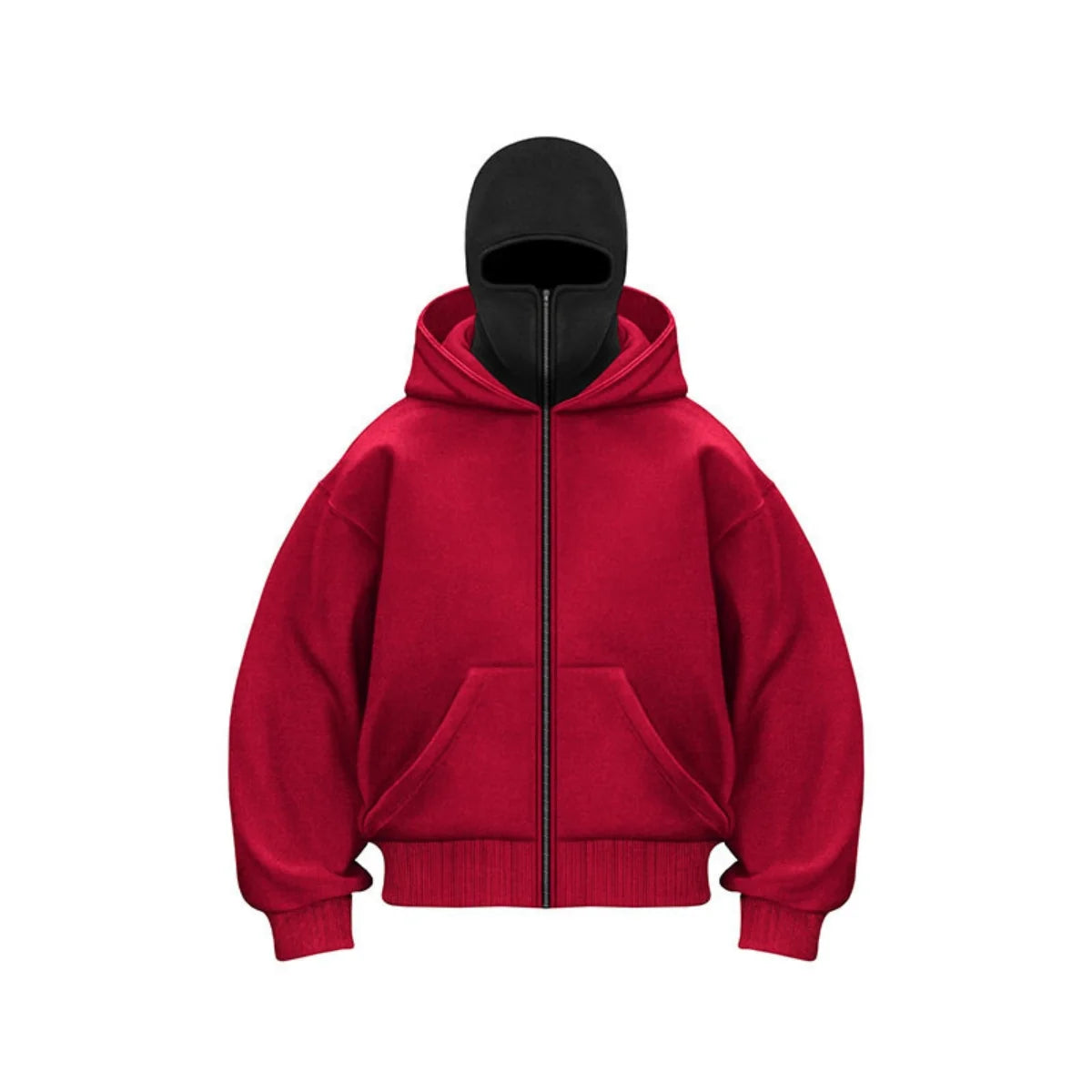 Men's winter full-zip hoodie jacket with built-in face cover, sleek cold-weather athletic style