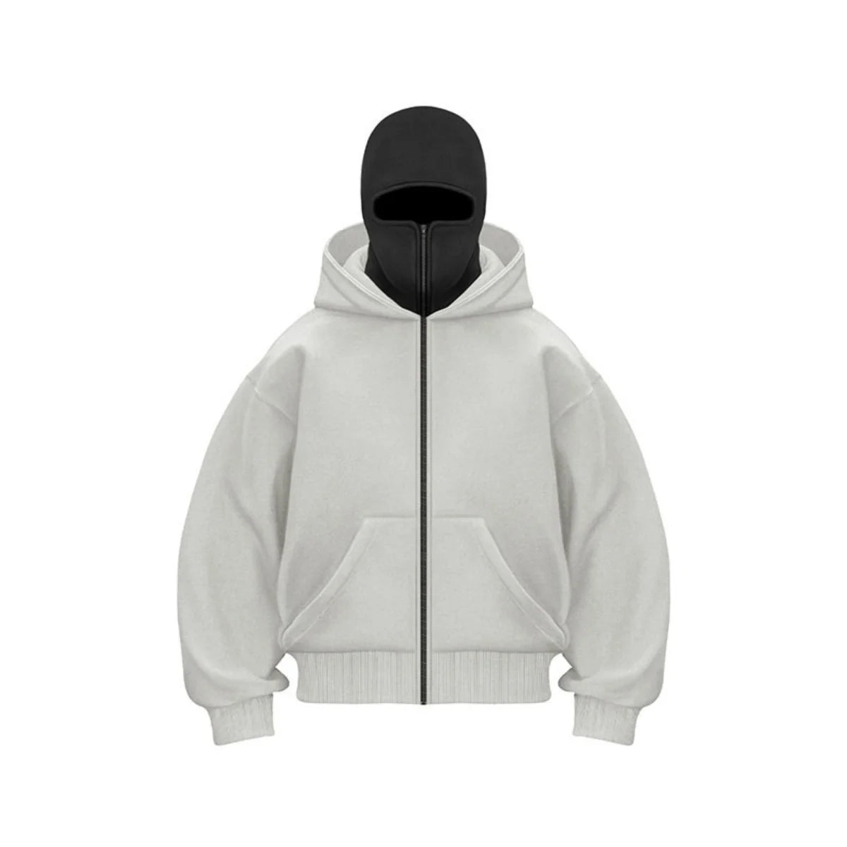 Men's winter full zip hoodie jacket with built-in face cover, sleek modern silhouette for cold weather