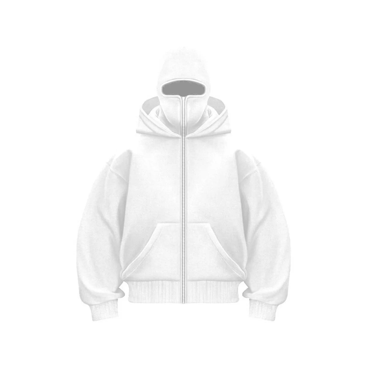 Men's winter full-zip hoodie jacket with built-in face cover, sleek cold-weather athletic silhouette