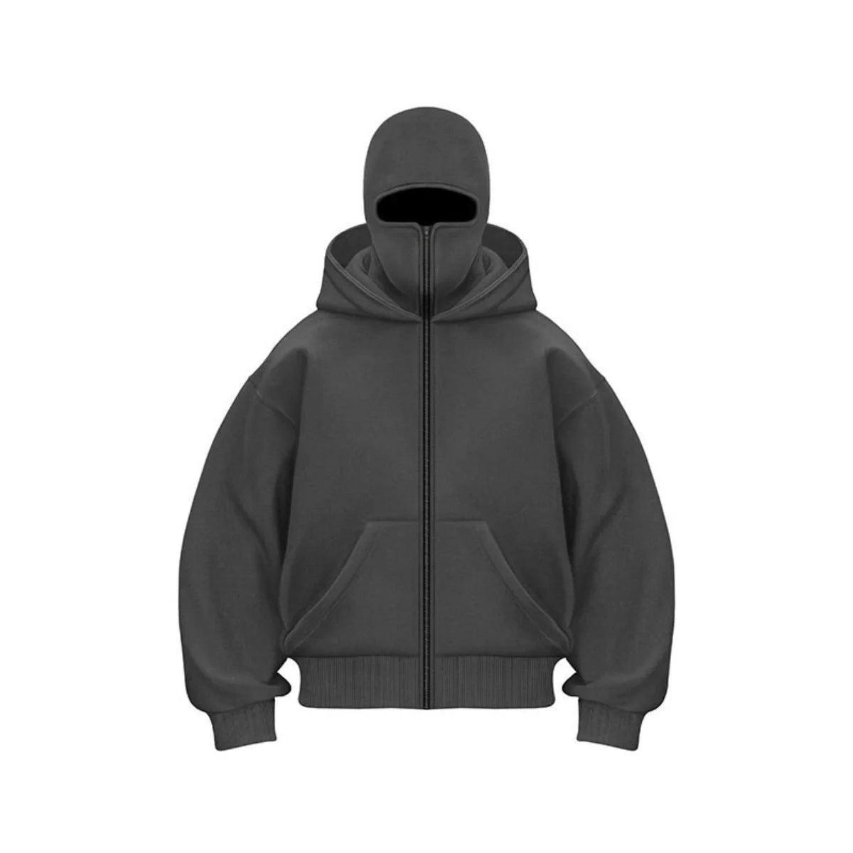 Men's winter full-zip hoodie jacket with built-in face cover, sleek modern silhouette for cold weather