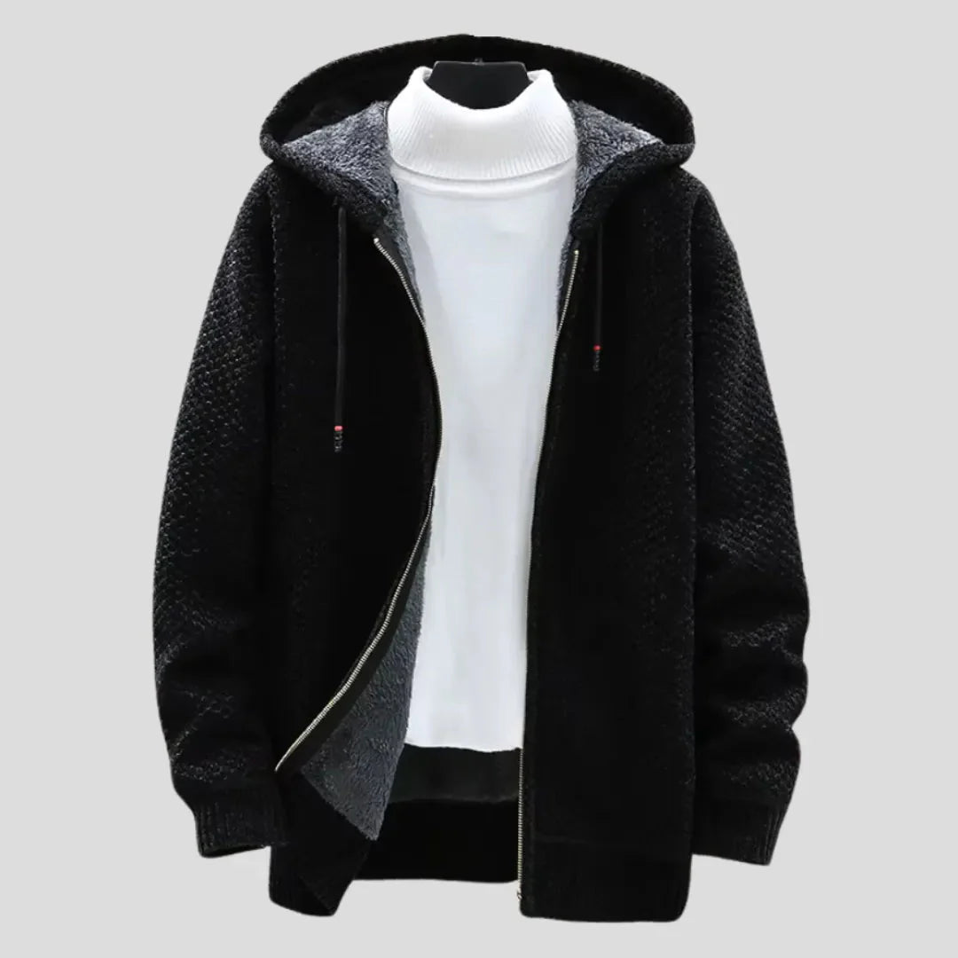 Men's relaxed fit knit fleece zip hoodie with plush lining and textured exterior in neutral tone
