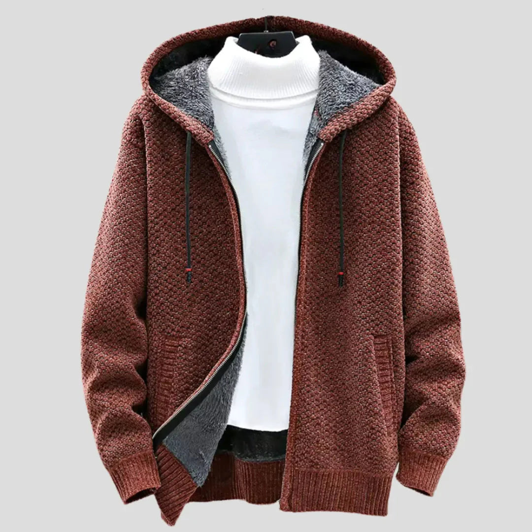 Men's relaxed-fit knit fleece zip hoodie with plush lining, textured exterior, and full-zip closure