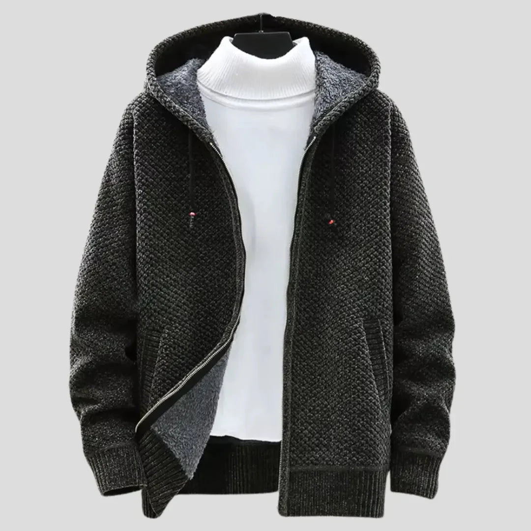 Men's relaxed-fit knit fleece zip hoodie with plush lining, textured exterior, and full-zip closure