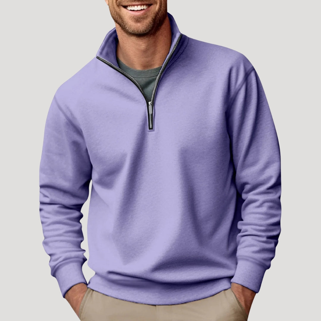 Men's navy blue relaxed fit quarter zip collar sweatshirt with adjustable zipper neckline