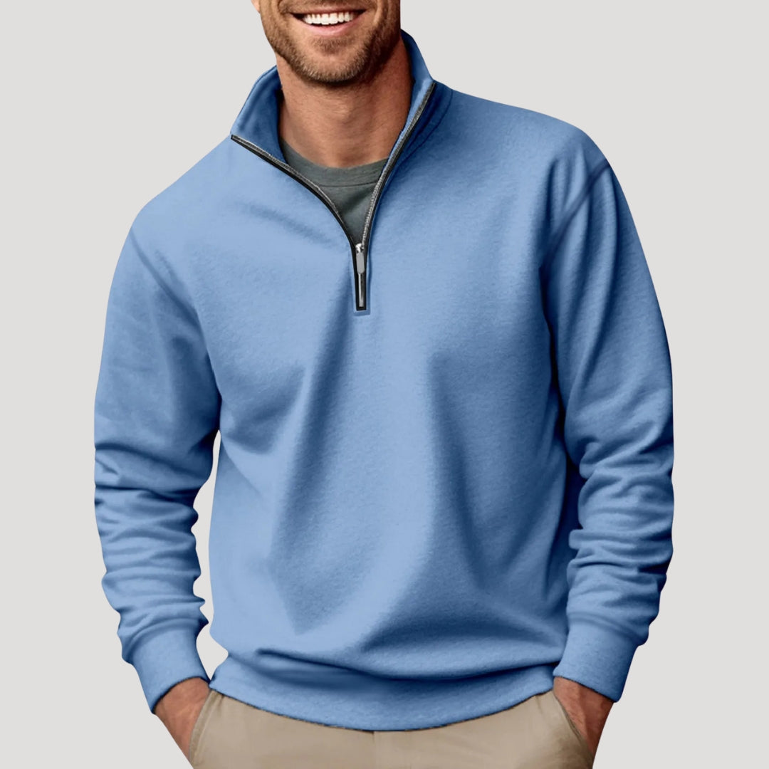 Men's gray quarter zip collar sweatshirt relaxed fit casual layering pullover with zipper neckline